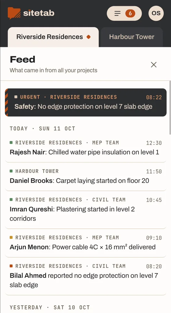 The SiteTab feed on a phone: an urgent safety alert on top, then the day's updates from several projects.