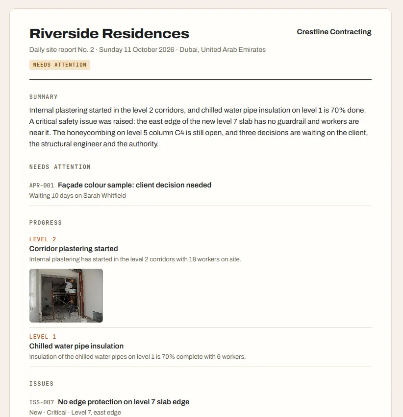A daily site report for Riverside Residences with a summary, items needing attention, progress with a site photo and open issues.